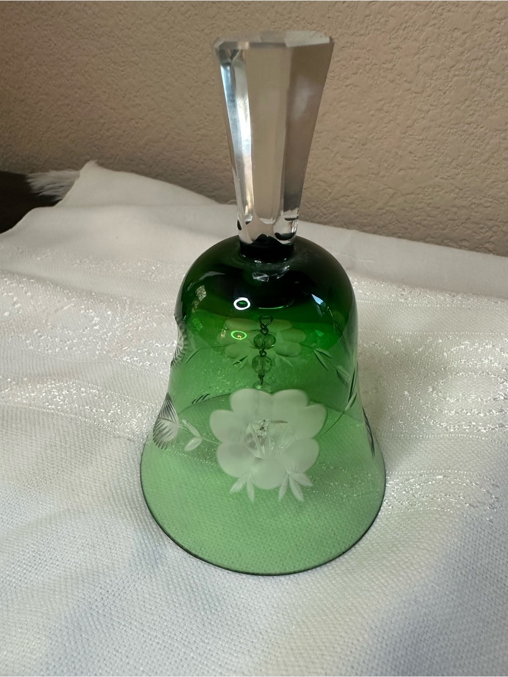 Green Etched Glass Bell with Clear Faceted Handle from Poland